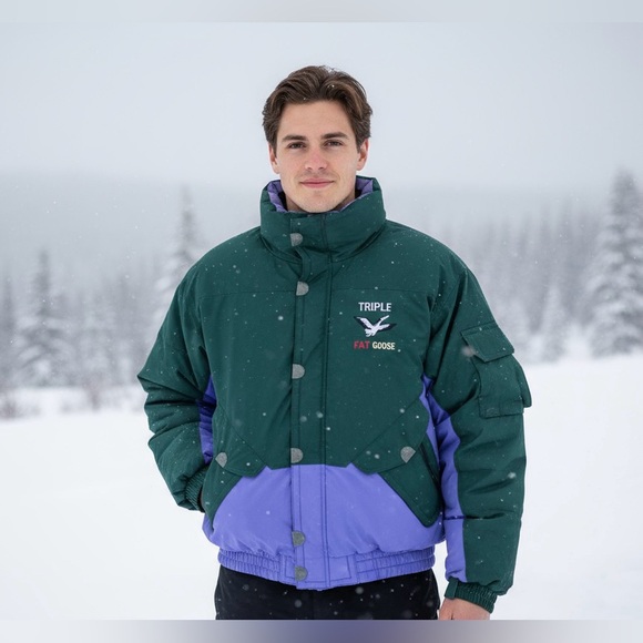 Vintage Triple Fat Goose Down Puffer Jacket Unisex Large Green Purple 80s Retro - Picture 1 of 16